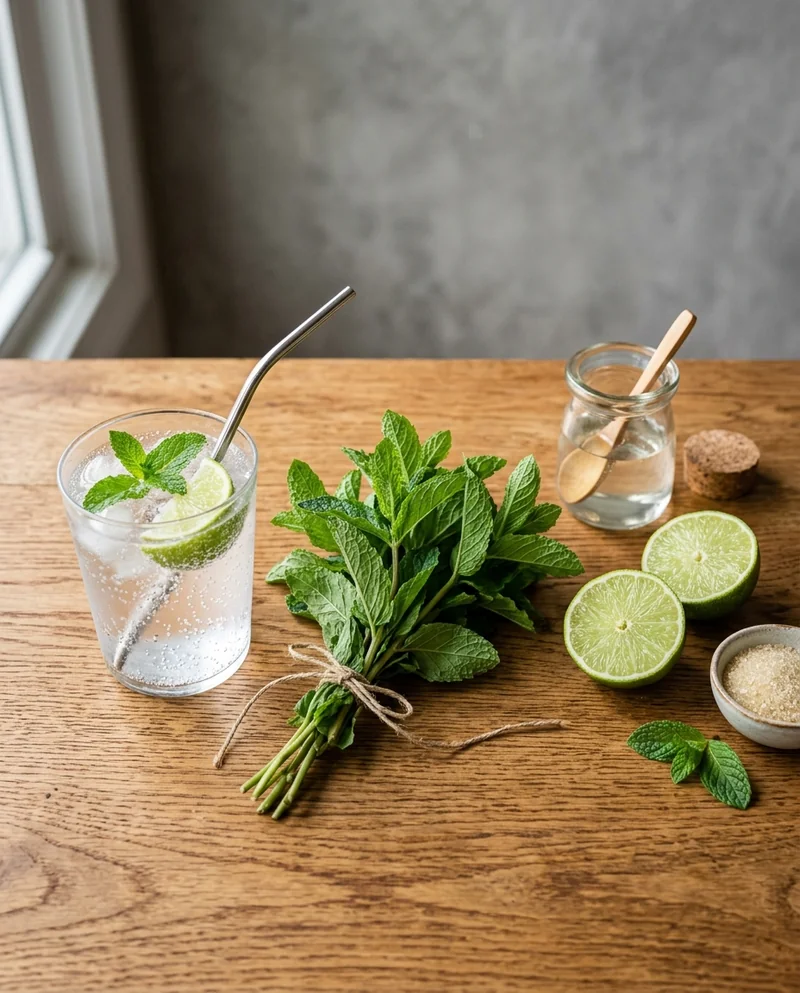 fresh mint, lime, and simple syrup for virgin mojito recipe