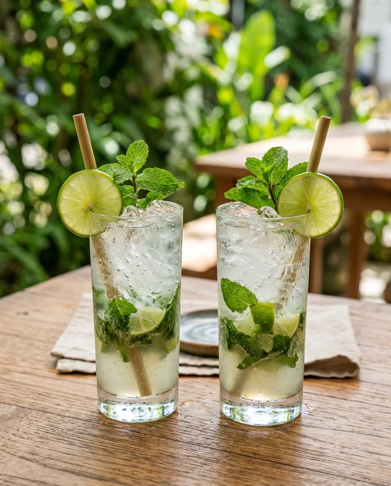 two virgin mojitos served with mint and lime garnish