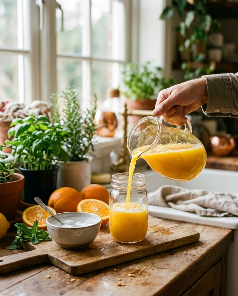 Pouring fresh orange juice for the adrenal cocktail recipe, with coconut water and oranges