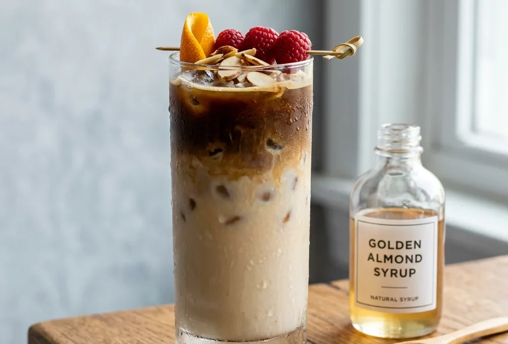 Almond syrup in a glass bottle beside an iced almond latte with toasted sliced almonds