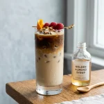Almond syrup in a glass bottle beside an iced almond latte with toasted sliced almonds