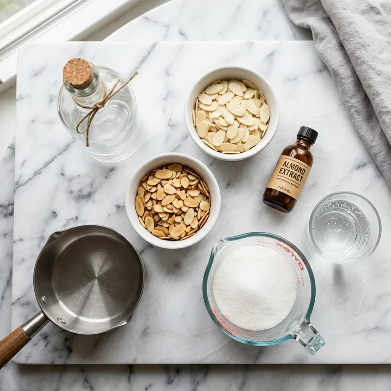 Toasted sliced almonds, sugar, water and almond extract for making homemade almond syrup