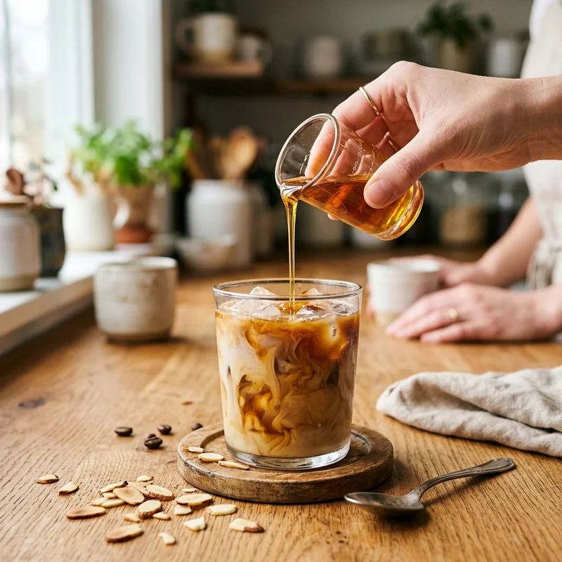 Pouring almond syrup into a glass of iced coffee with milk and ice cubes