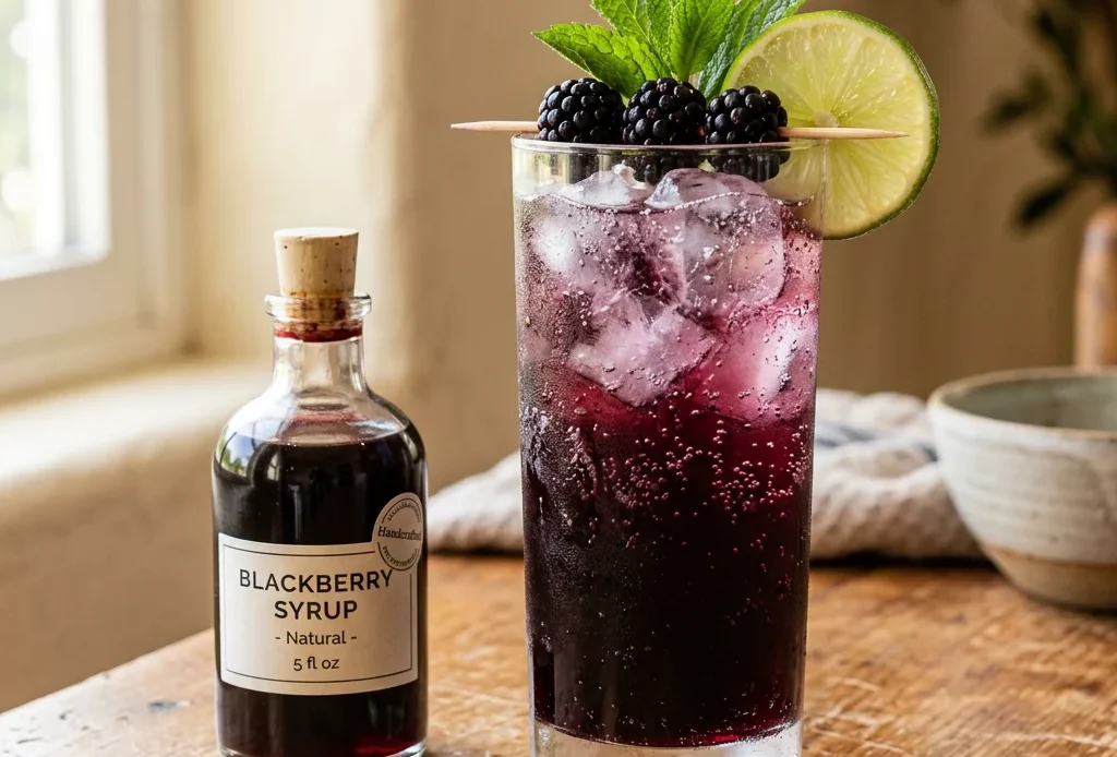 Blackberry simple syrup in a glass bottle beside a blackberry sparkling soda with lime and fresh blackberries