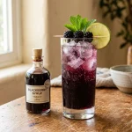 Blackberry simple syrup in a glass bottle beside a blackberry sparkling soda with lime and fresh blackberries