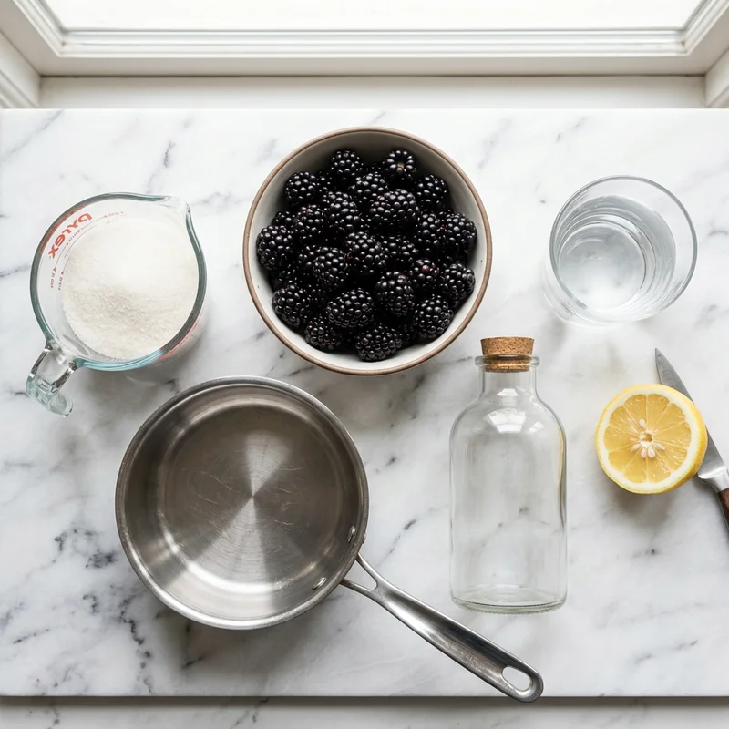 Fresh blackberries, sugar, water and lemon for making homemade blackberry simple syrup