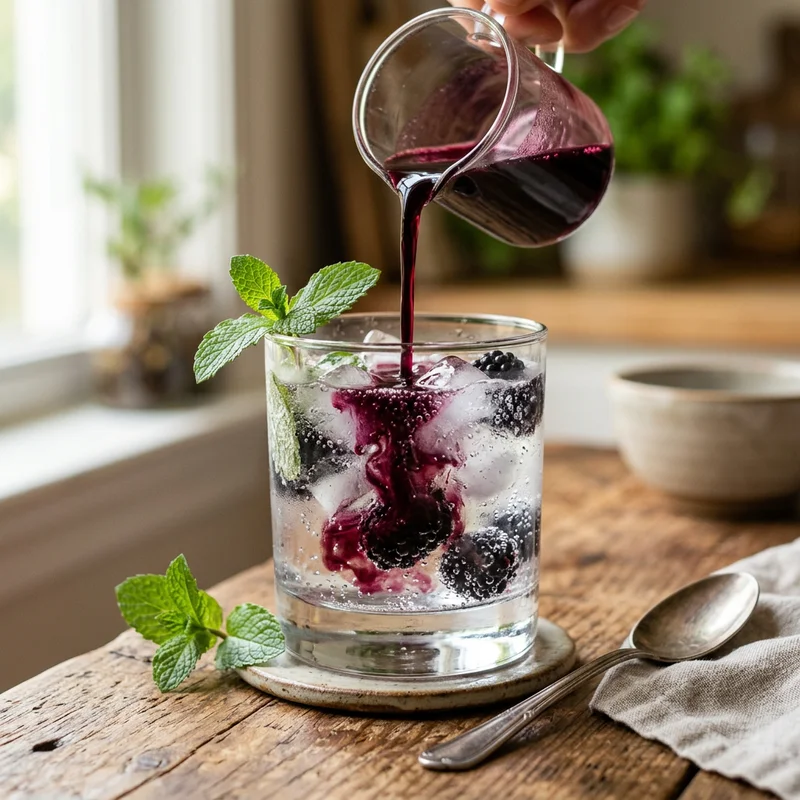Pouring blackberry simple syrup into a glass of sparkling water with ice and mint