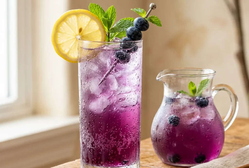 Blueberry lemonade in a tall glass with ice, lemon wheel and blueberries beside a pitcher