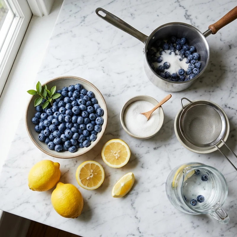 Fresh blueberries, lemons, sugar and water for making homemade blueberry lemonade