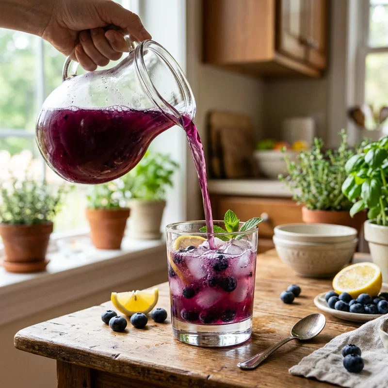 Pouring blueberry lemonade from a glass pitcher over ice with lemon slices and blueberries