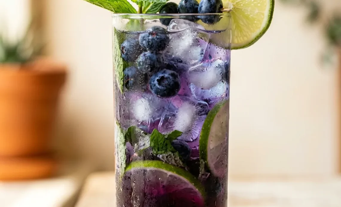 Blueberry mojito recipe in a highball glass with lime and mint garnish