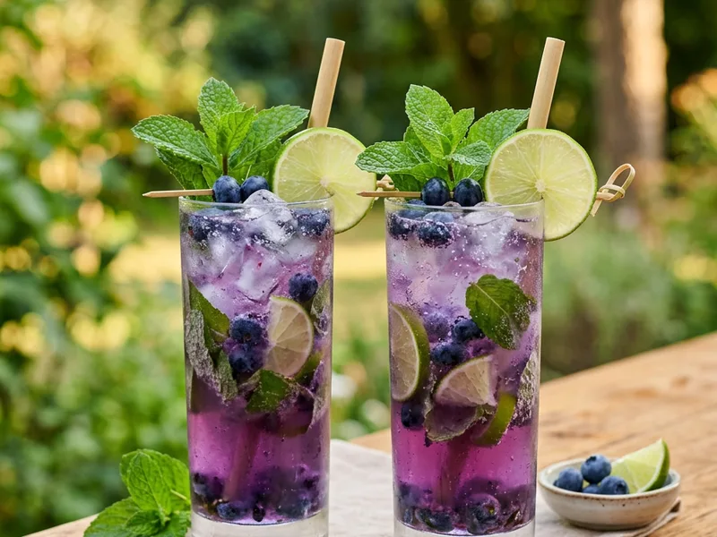 Two blueberry mojito mocktails served with lime wheels and mint sprigs