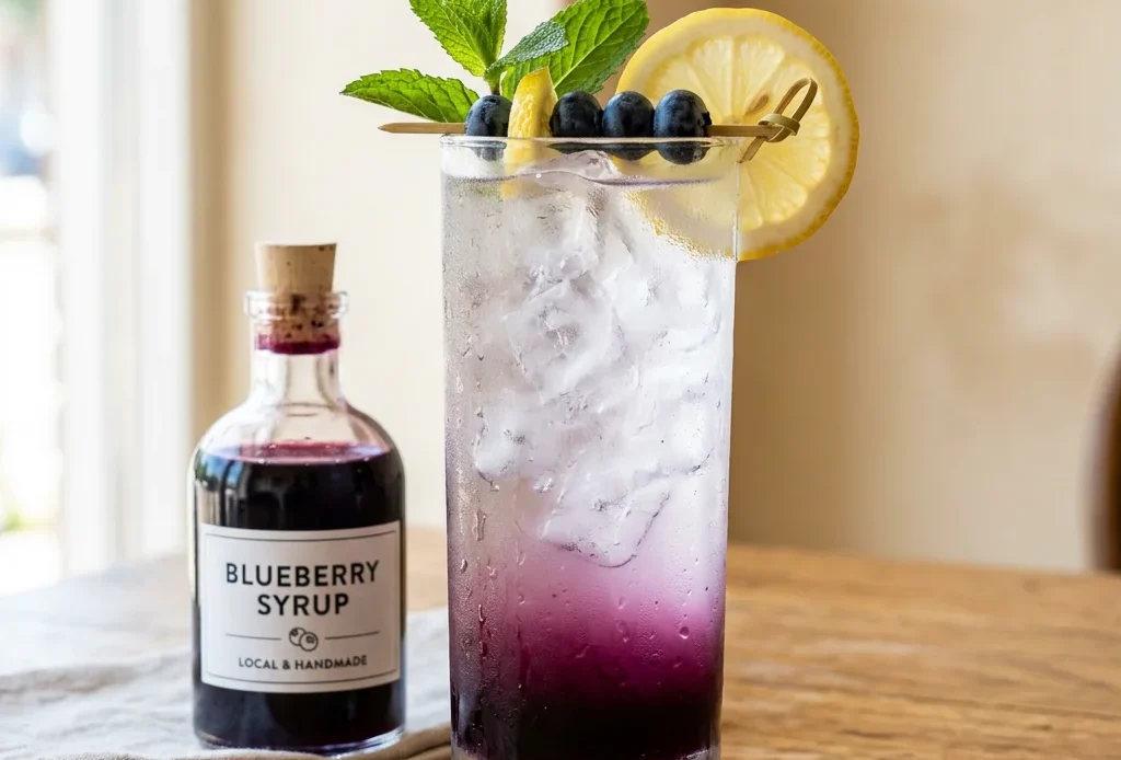 Blueberry simple syrup in a glass bottle beside a glass of iced blueberry lemonade with lemon and mint