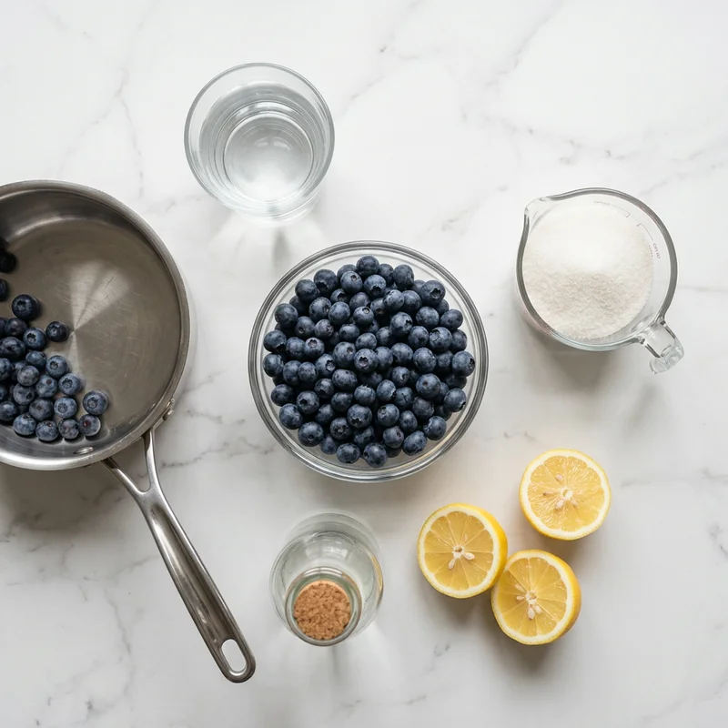 Fresh blueberries, sugar, water and lemon for making homemade blueberry simple syrup