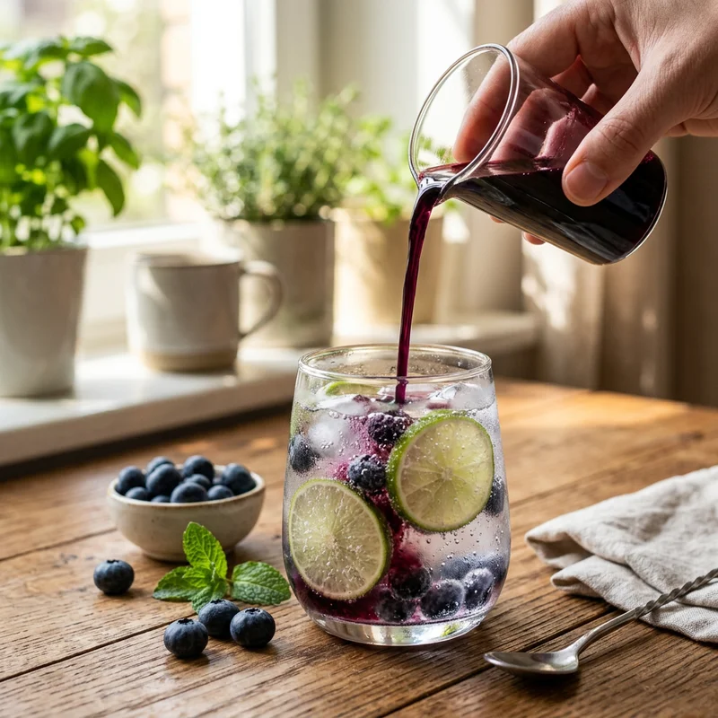 Pouring blueberry simple syrup into a glass of sparkling water with lime and blueberries