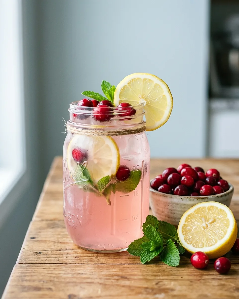 Fresh cranberries, lemon, and mint arranged beside a mason jar of cranberry water