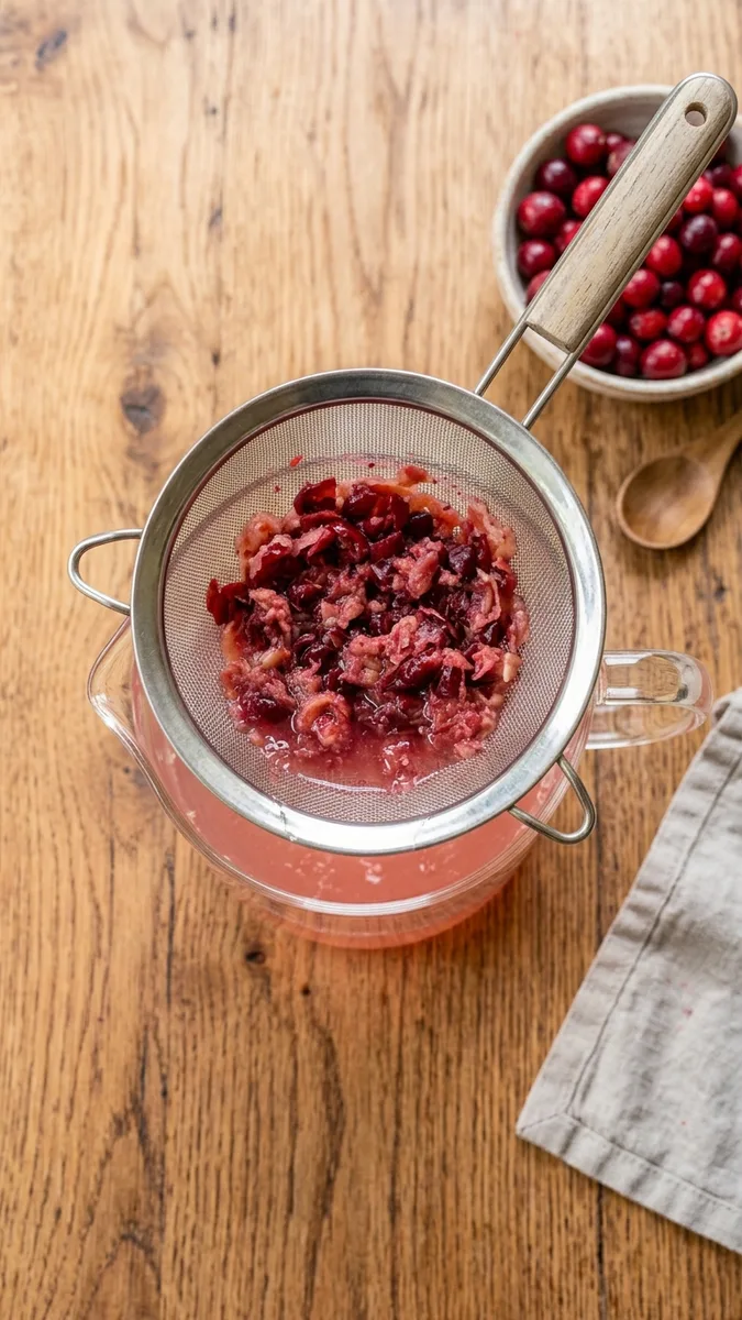 Overhead shot of cranberry water being strained into a pitcher with cranberries visible in the strainer