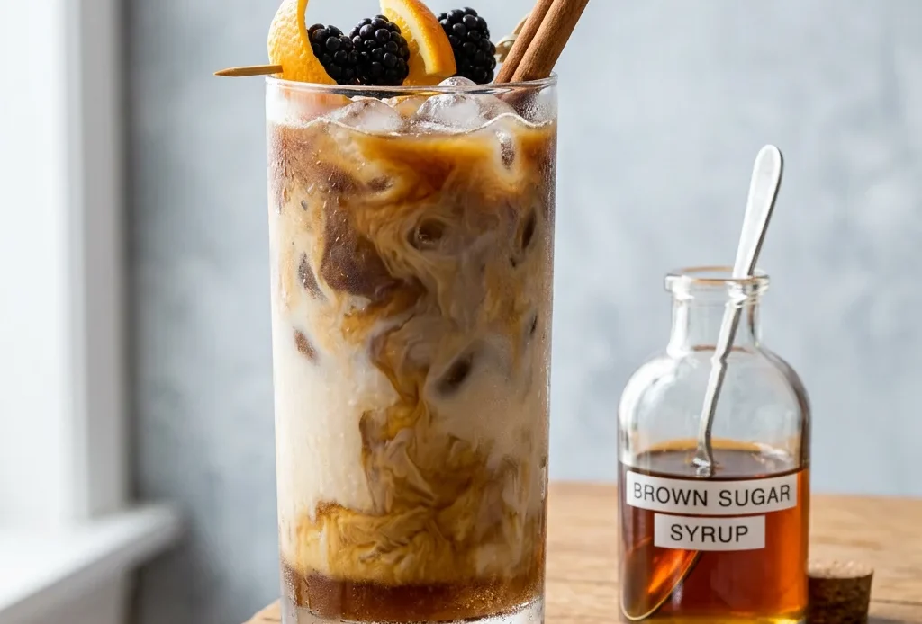 Brown sugar syrup in a glass bottle beside an iced brown sugar oat milk latte with cinnamon stick
