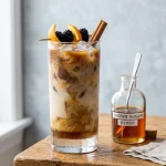 Brown sugar syrup in a glass bottle beside an iced brown sugar oat milk latte with cinnamon stick