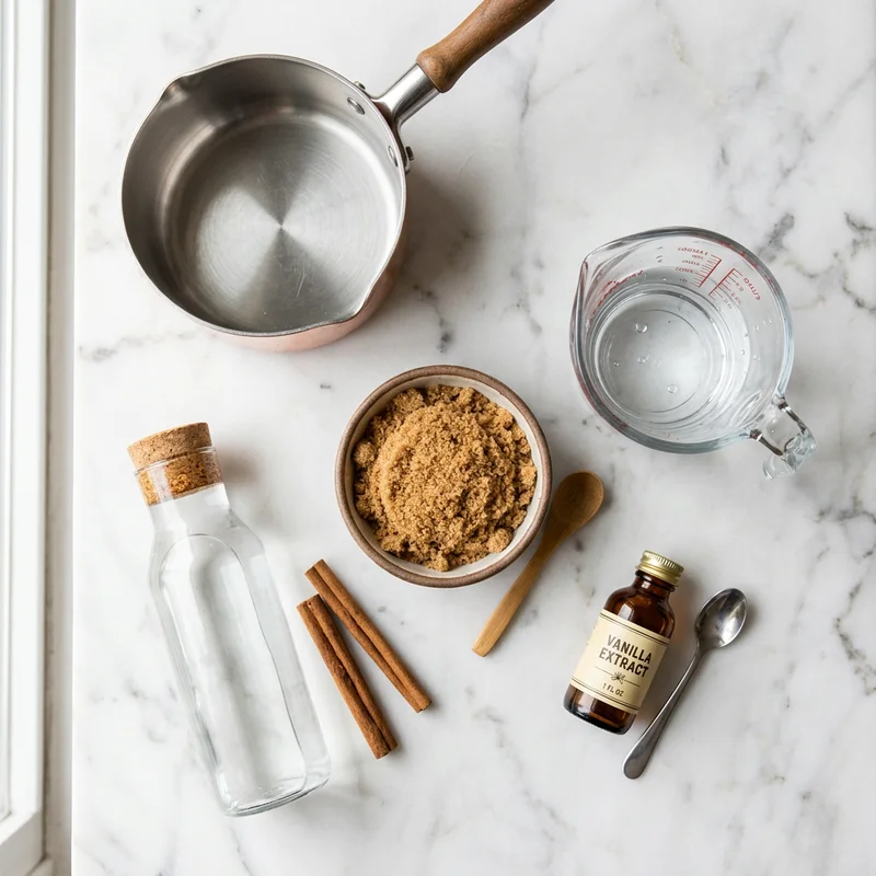 Light brown sugar, water, vanilla extract and cinnamon sticks for making brown sugar syrup