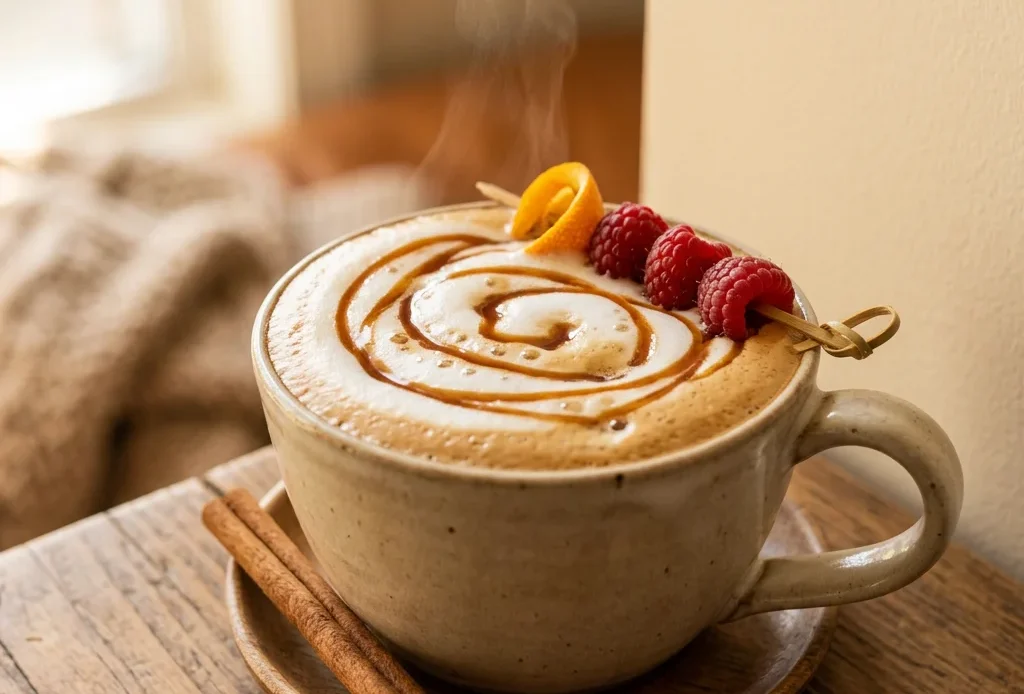 Caramel latte in a ceramic mug with caramel drizzle beside a small jar of homemade caramel sauce