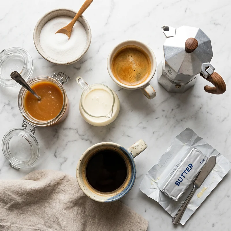 Sugar, cream, butter, espresso and milk laid out for making a homemade caramel latte