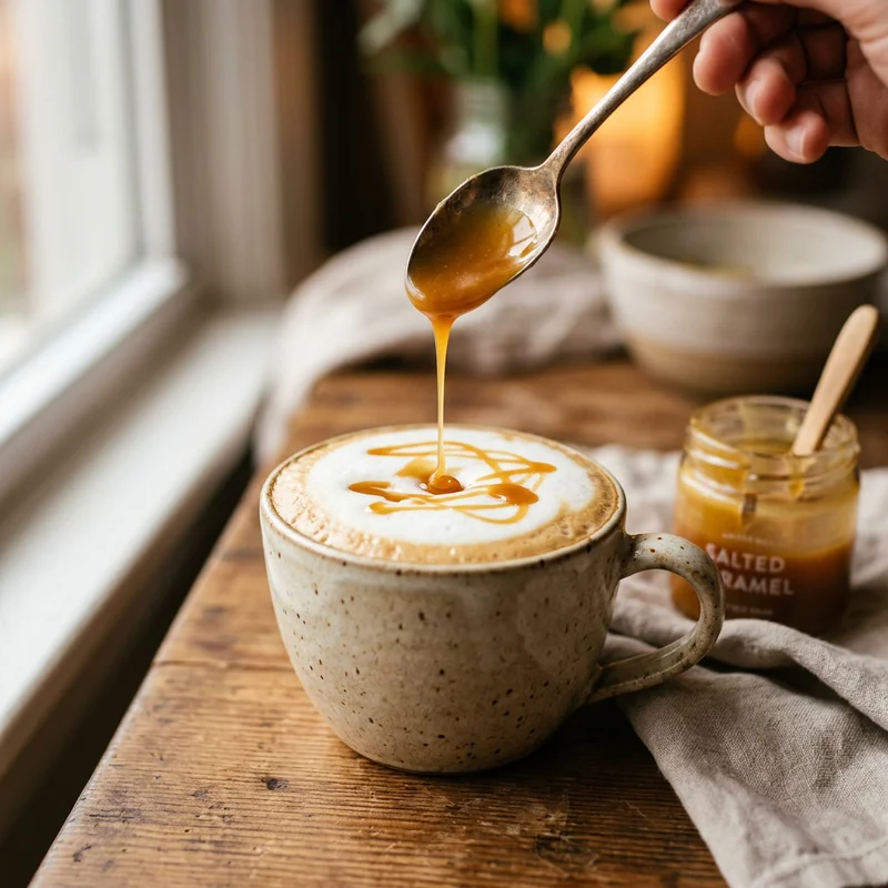 Drizzling homemade caramel sauce over a caramel latte with foam