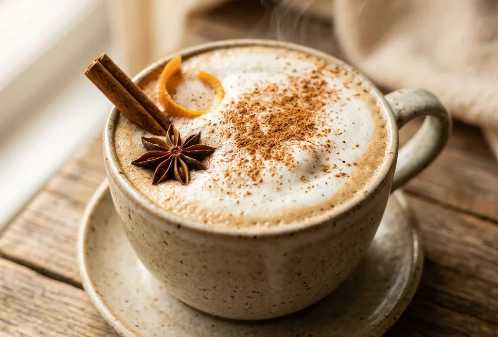 Chai latte in a ceramic mug with foam and cinnamon dusting beside whole spices and a cinnamon stick