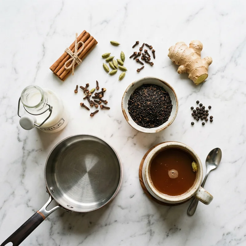 Cinnamon sticks, cardamom pods, cloves, fresh ginger, black tea and milk for making a chai latte recipe
