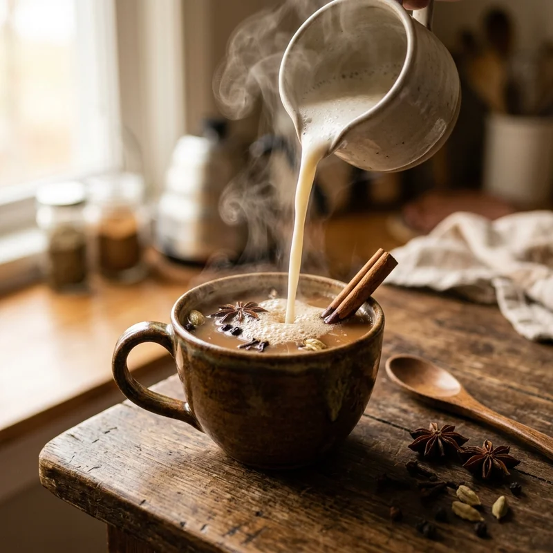 Pouring milk into a mug of spiced chai tea to make a chai latte
