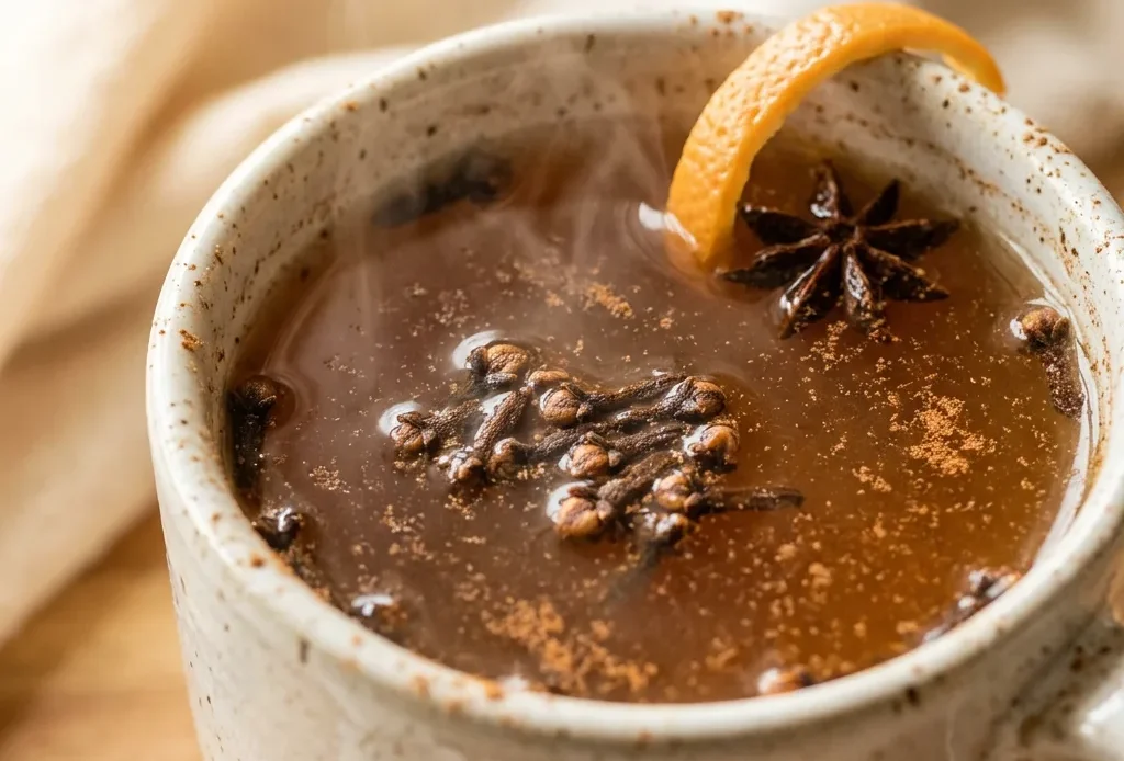 Clove tea recipe in a ceramic mug with cloves and orange peel garnish