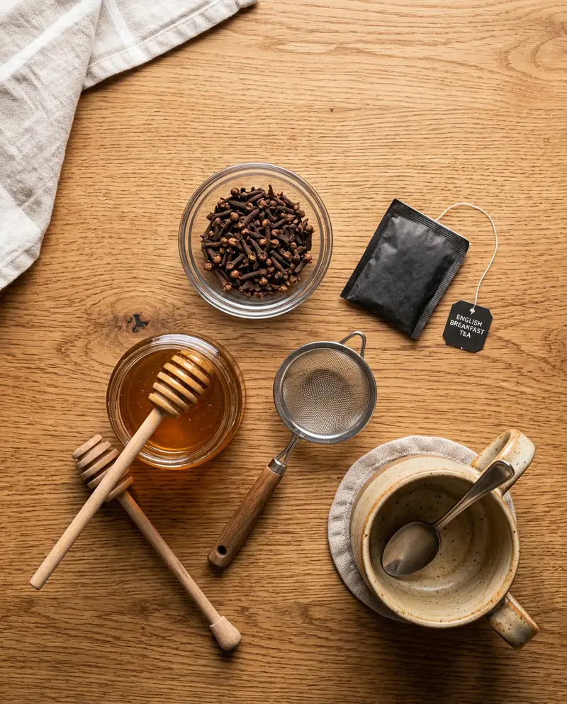 Whole cloves, black tea bag, honey, and strainer for clove tea recipe