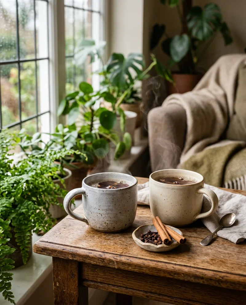Two mugs of clove tea served by a window with cinnamon and cloves