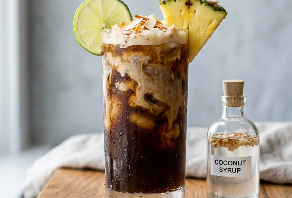 Coconut syrup in a glass bottle beside a glass of iced coconut coffee with toasted coconut flakes