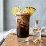 Coconut syrup in a glass bottle beside a glass of iced coconut coffee with toasted coconut flakes