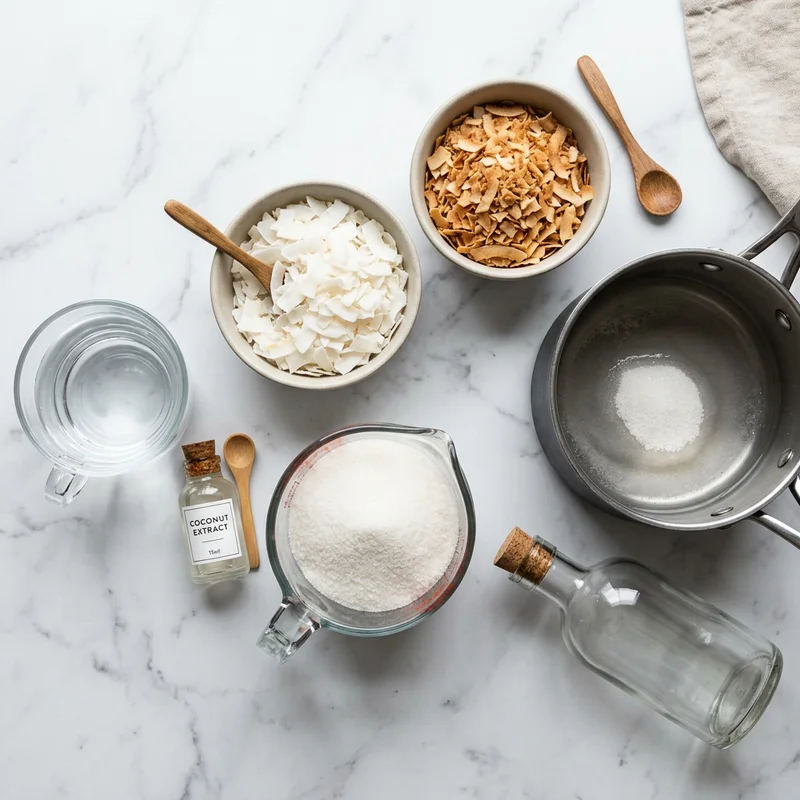 Toasted coconut flakes, sugar, water and coconut extract for making homemade coconut syrup