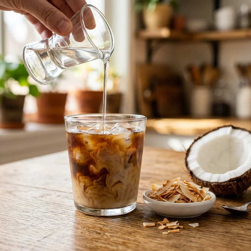 Pouring coconut syrup into a glass of iced cold brew coffee with oat milk