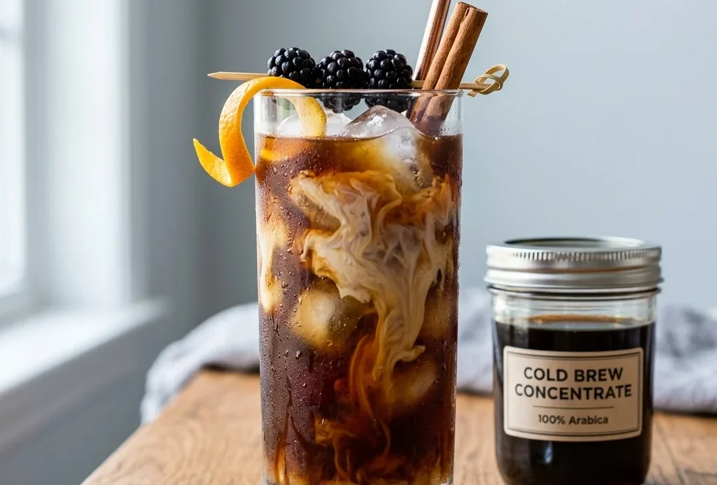Cold brew coffee in a tall glass over ice beside a jar of cold brew concentrate and a small pitcher of milk