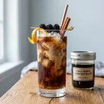 Cold brew coffee in a tall glass over ice beside a jar of cold brew concentrate and a small pitcher of milk