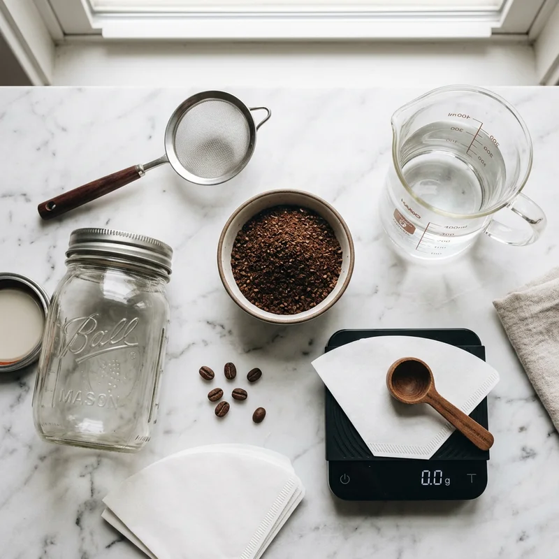 Coarse-ground coffee, filtered water, a mason jar and a strainer for making a cold brew recipe