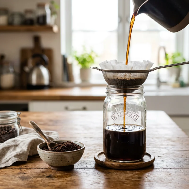 Straining cold brew coffee concentrate through a paper filter into a glass jar