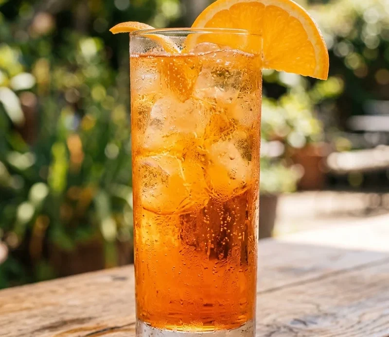 Cortisol cocktail served over ice in a tall glass with an orange slice