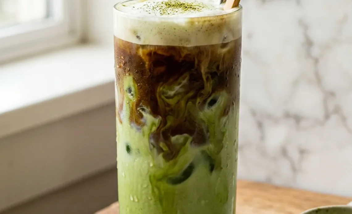 Dirty matcha latte layered with espresso and matcha in a tall glass