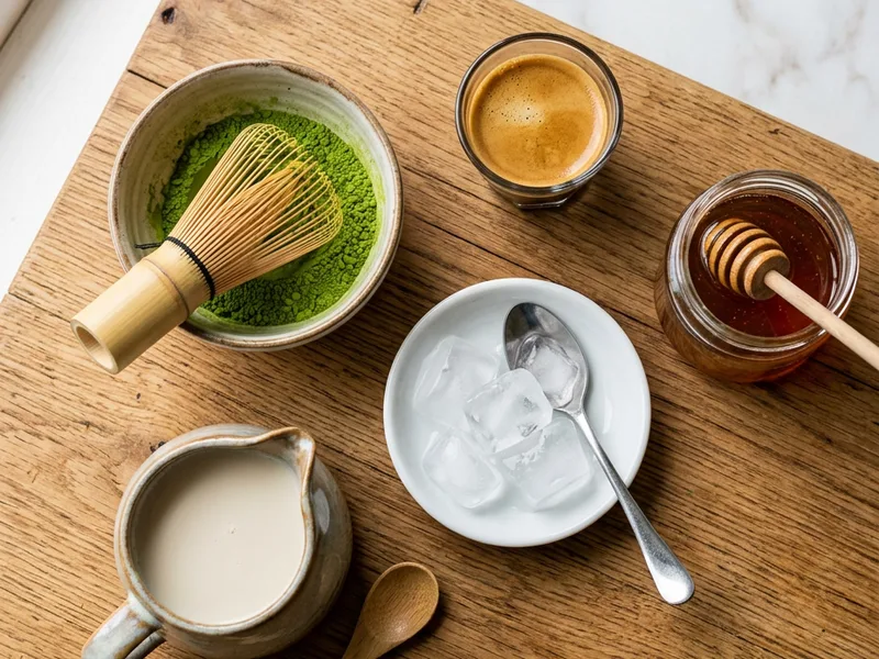 Matcha powder, espresso shot, oat milk, and honey for dirty matcha latte