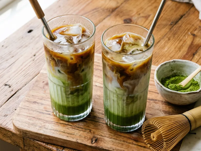 Two glasses of iced dirty matcha latte with layered matcha and espresso