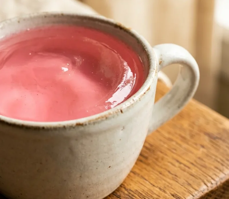 Pink cranberry gelatin drink in a ceramic mug, the Dr Oz gelatin recipe
