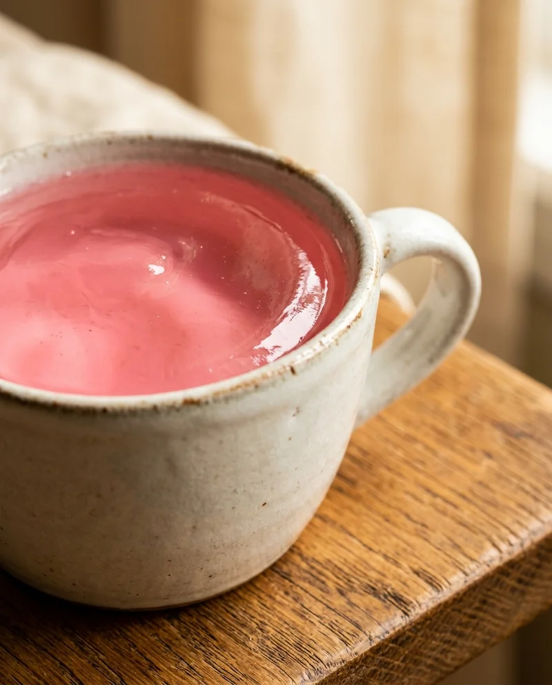 Pink cranberry gelatin drink in a ceramic mug, the Dr Oz gelatin recipe