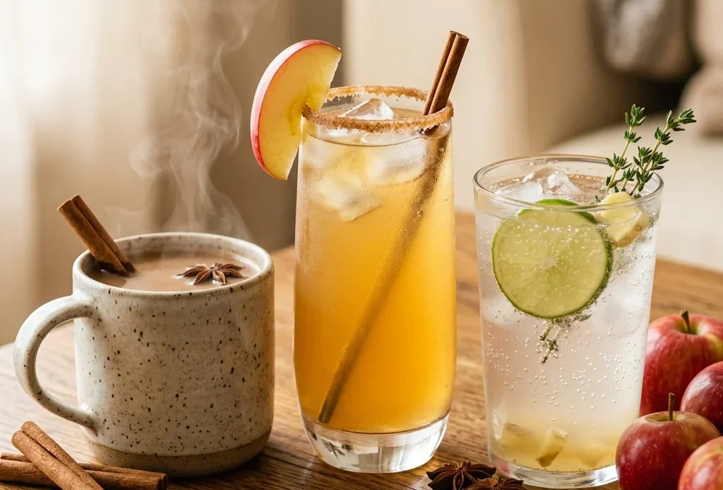 fall mocktails on a wooden table: chai mug, apple cider mocktail and pear ginger drink with cinnamon sticks