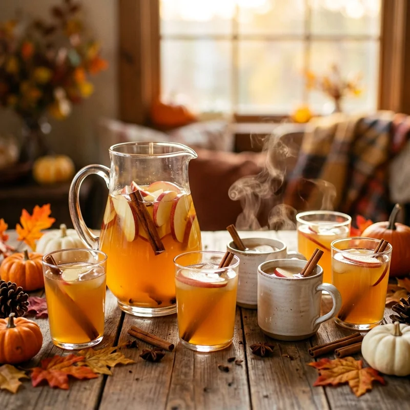 fall mocktails served to a crowd: pitcher of spiced apple cider mocktail with glasses and cinnamon sticks