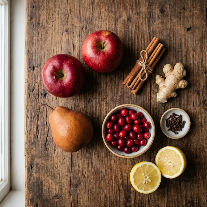 fall mocktails ingredients: apples, pears, cinnamon sticks, fresh ginger and cranberries